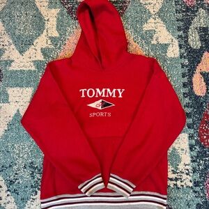 Vintage Tommy Hilfiger Red Fleece Hoodie with Striped Cuffs
